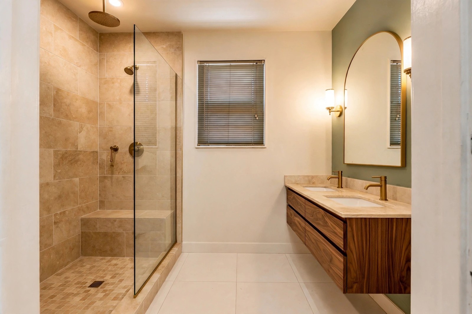 Photorealistic bathroom redesign in the Classic Warm style — pick a style below and this room changes to match